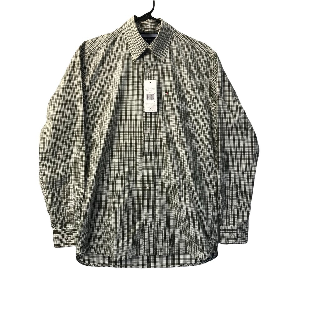 Tommy Hilfiger Mens Custom Fit Long Sleeve Button Down Shirt Green Plaid Logo XS